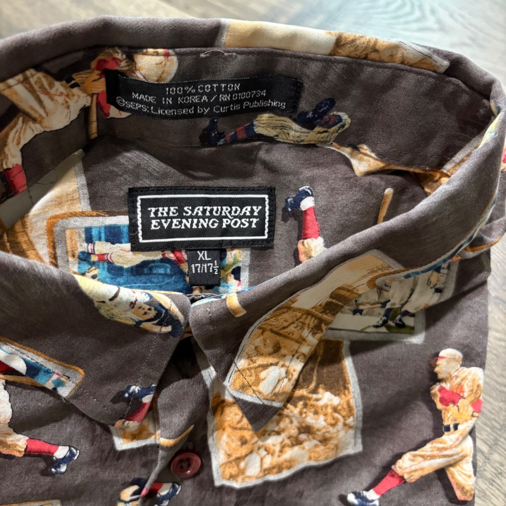 The Saturday Evening Post Baseball Shirt Mens‎ XL Brown Excellent Vintage Print